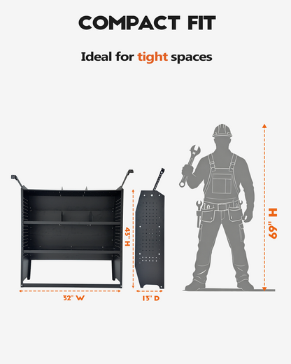 Van Shelving 32" W x 43" H x 13" D Steel Storage System | Fit for NV200, Transit Connect 2014+, Chevy City Express, Promaster City, Cargo Van