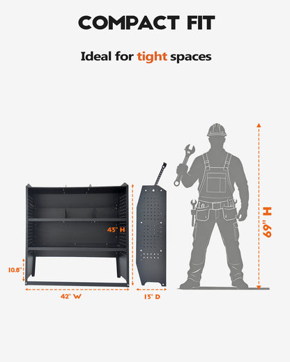 42" W x 43" H x 13" D Cargo Van Shelving, Heavy Duty Steel | Fit for Ford Transit Connect, Ram ProMaster City, Nissan NV200, Chevy City Express | Cargo Van Shelving Storage System