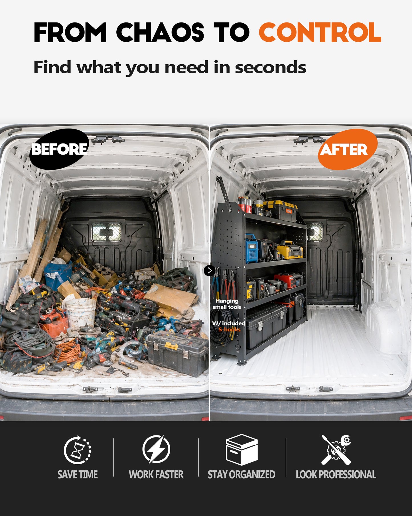 Van Shelving Fit for Ford Transit, RAM ProMaster, Chevy Express, Nissan NV, Sprinter, Low/Mid/High Roof, 32" W x 46" H x 13" D, Steel, Cargo Van Shelving Storage System