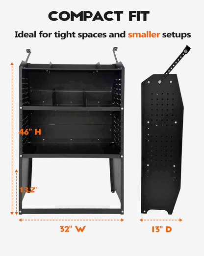 Van Shelving Fit for Ford Transit, RAM ProMaster, Chevy Express, Nissan NV, Sprinter, Low/Mid/High Roof, 32" W x 46" H x 13" D, Steel, Cargo Van Shelving Storage System