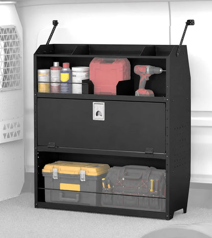 Lockable Van Shelving System with Door Fit for Ford Transit, RAM ProMaster, Chevy Express, Nissan NV, Sprinter, Low/Mid/High Roof, 42" W x 46" H x 13" D, Steel