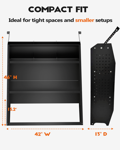 Van Shelving Fit for Ford Transit, RAM ProMaster, Chevy Express, Nissan NV, Sprinter, Low/Mid/High Roof, 42" W x 46" H x 13" D, Steel, Cargo Van Shelving Storage System