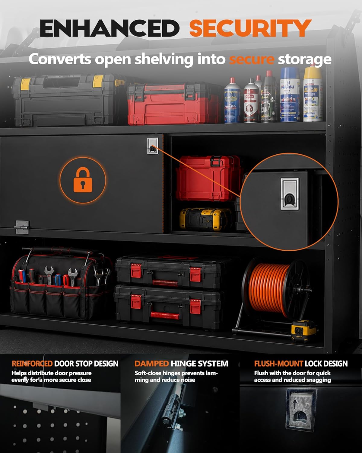 Lockable Van Shelving System with Door Fit for Ford Transit, RAM ProMaster, Chevy Express, Nissan NV, Sprinter, Low/Mid/High Roof, 52" W x 46" H x 13" D, Steel
