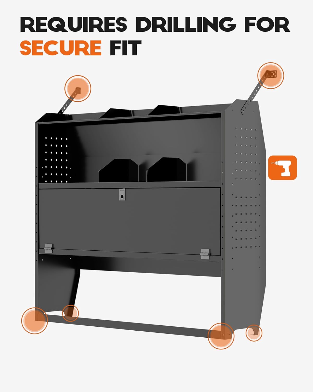 Lockable Van Shelving System with Door Fit for Ford Transit, RAM ProMaster, Chevy Express, Nissan NV, Sprinter, Low/Mid/High Roof, 52" W x 46" H x 13" D, Steel