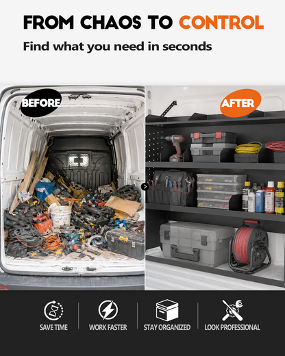 Van Shelving Fit for Ford Transit, RAM ProMaster, Chevy Express, Nissan NV, Sprinter, Low/Mid/High Roof, 52" W x 46" H x 13" D, Steel, Cargo Van Shelving Storage System
