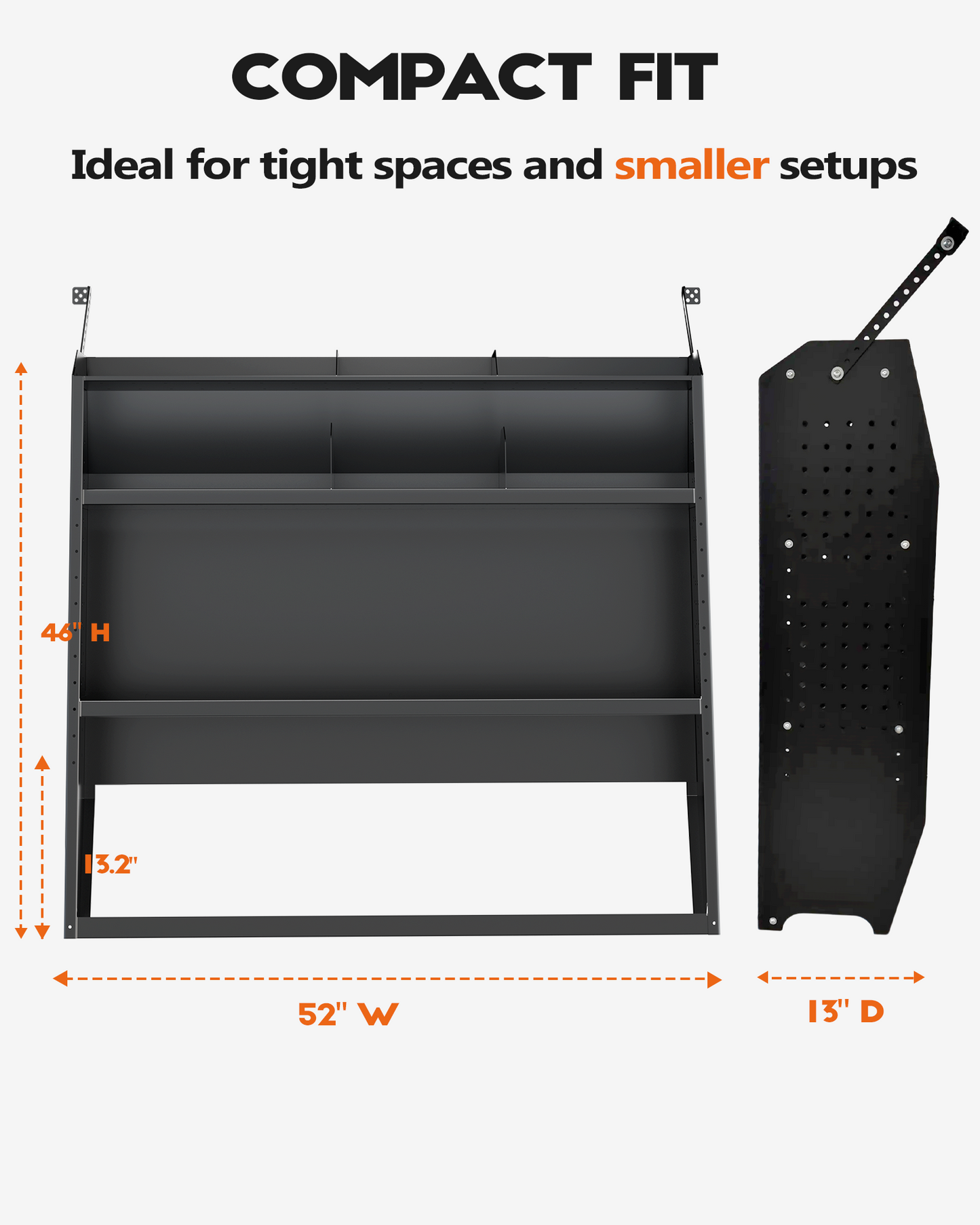 Van Shelving Fit for Ford Transit, RAM ProMaster, Chevy Express, Nissan NV, Sprinter, Low/Mid/High Roof, 52" W x 46" H x 13" D, Steel, Cargo Van Shelving Storage System