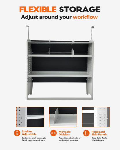Cargo Van Shelving 42" W x 43" H x 13" D, Light Gray, Low/Mid/High | Fit for Ford Transit Connect, Ram ProMaster City, Nissan NV200, Chevy City Express, Steel, Cargo Van Shelving Storage System