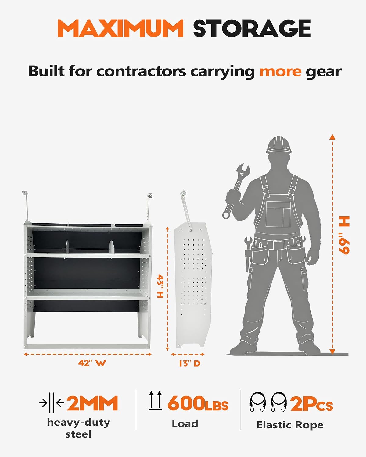 Cargo Van Shelving 42" W x 43" H x 13" D, Light Gray, Low/Mid/High | Fit for Ford Transit Connect, Ram ProMaster City, Nissan NV200, Chevy City Express, Steel, Cargo Van Shelving Storage System