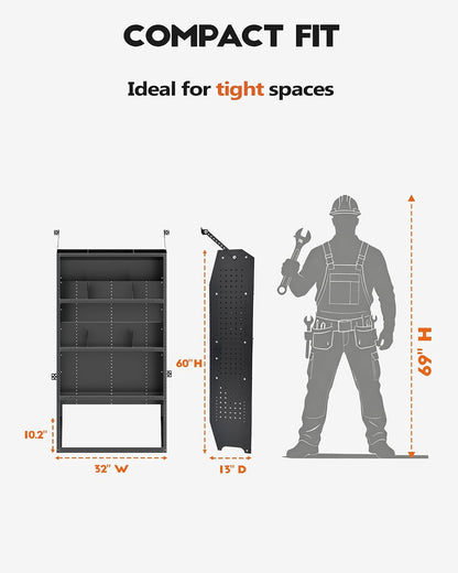 Van Shelving, 32" W x 60" H x 13" D, Mid/High Roof | Fit for Ford Transit, Promaster, Sprinter, Chevy Express, Cargo Van Shelving Storage System