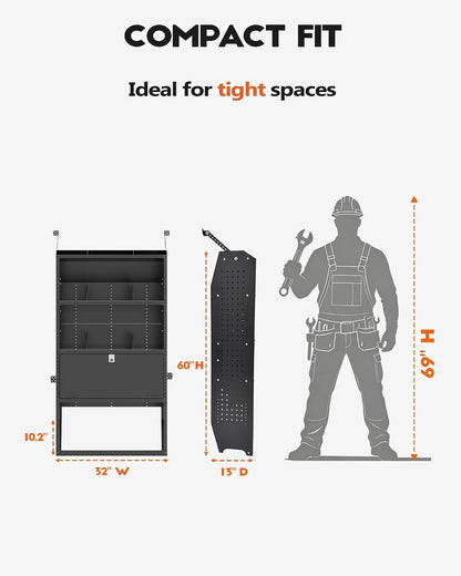 Lockable Van Shelving, 32" W x 60" H x 13" D | Fit for Ford Transit, Promaster, Sprinter, Chevy Express, Mid/High Roof, Cargo Van Shelving Storage System