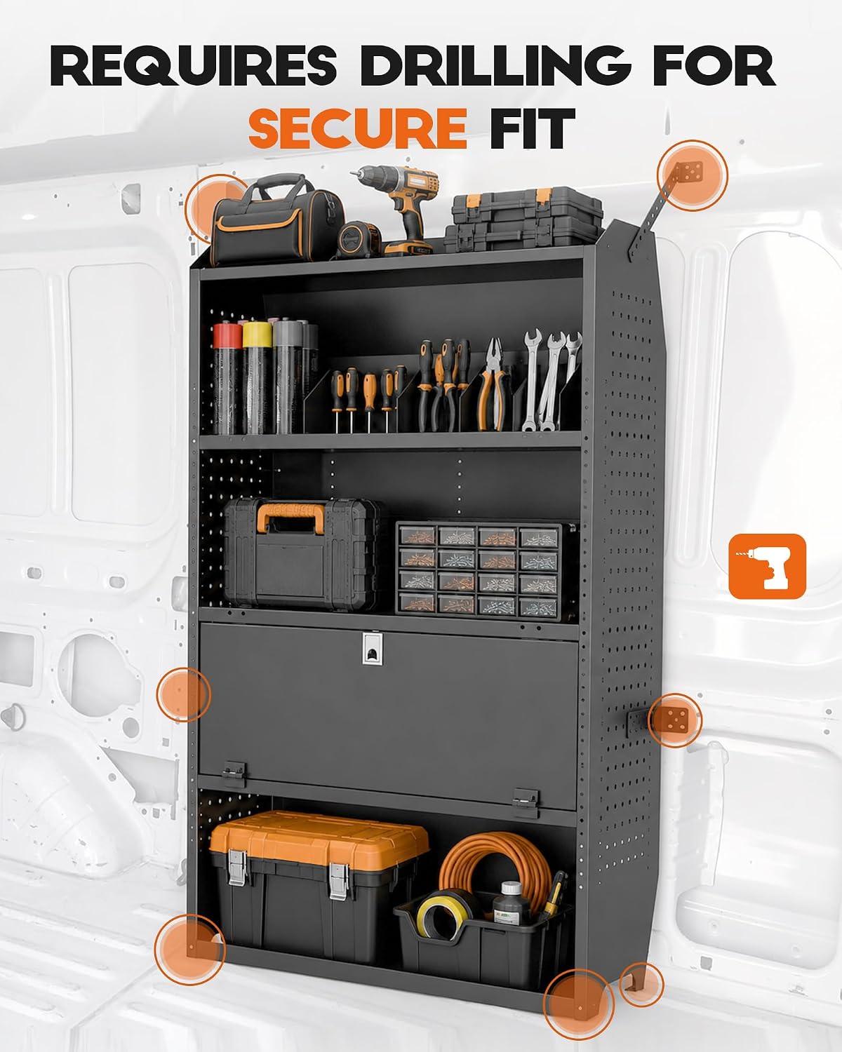Lockable Van Shelving, 32" W x 60" H x 13" D | Fit for Ford Transit, Promaster, Sprinter, Chevy Express, Mid/High Roof, Cargo Van Shelving Storage System