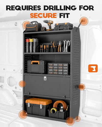 Lockable Van Shelving, 32" W x 60" H x 13" D | Fit for Ford Transit, Promaster, Sprinter, Chevy Express, Mid/High Roof, Cargo Van Shelving Storage System