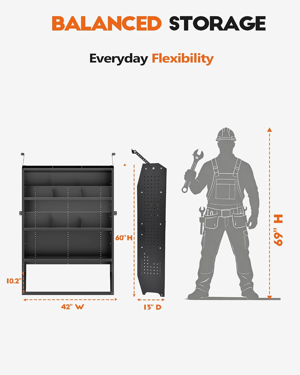 Van Shelving, 42" W x 60" H x 13" D | Fit for Ford Transit, Promaster, Sprinter, Chevy Express, Mid/High Roof, Cargo Van Storage System