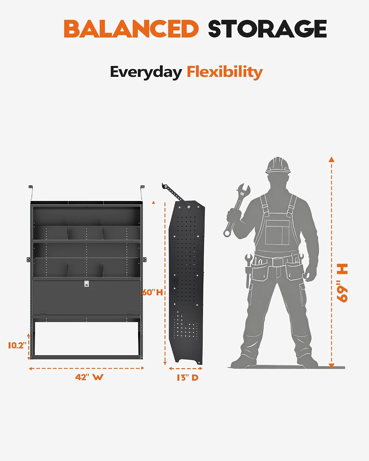 Lockable Van Shelving, 42" W x 60" H x 13" D | Fit for Ford Transit, Promaster, Sprinter, Chevy Express, Mid/High Roof, Cargo Van Storage System