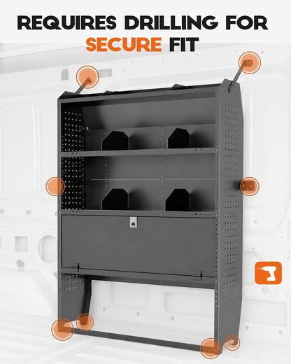 Lockable Van Shelving, 42" W x 60" H x 13" D | Fit for Ford Transit, Promaster, Sprinter, Chevy Express, Mid/High Roof, Cargo Van Storage System