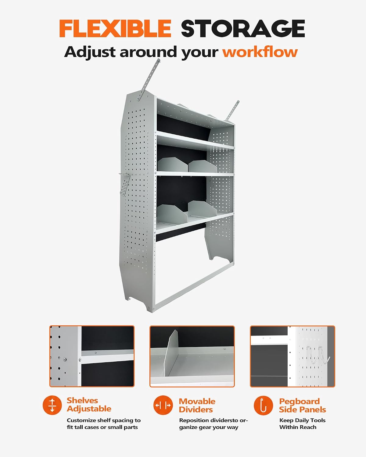 42" W x 60" H x 13" D Van Shelving, Light Gray | Fit for Ford Transit, Promaster, Sprinter, Chevy Express, Mid/High Roof, Cargo Van Shelving Storage System