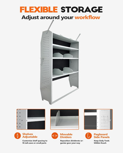 42" W x 60" H x 13" D Van Shelving, Light Gray | Fit for Ford Transit, Promaster, Sprinter, Chevy Express, Mid/High Roof, Cargo Van Shelving Storage System