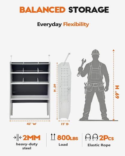42" W x 60" H x 13" D Van Shelving, Light Gray | Fit for Ford Transit, Promaster, Sprinter, Chevy Express, Mid/High Roof, Cargo Van Shelving Storage System