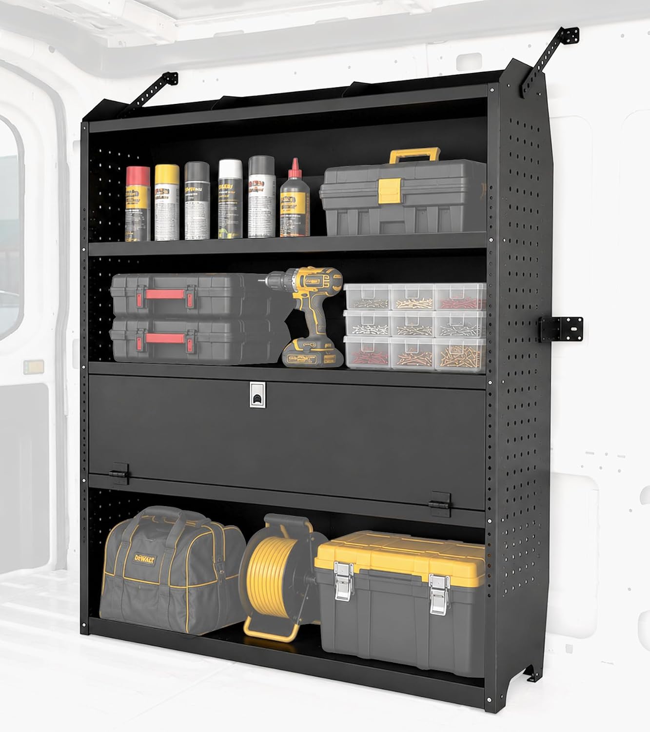Lockable Van Shelving System, 52" W x 60" H x 13" D, Steel Door | Fit for Ford Transit, RAM ProMaster, Chevy Express, Nissan NV, Sprinter, Mid/High Roof