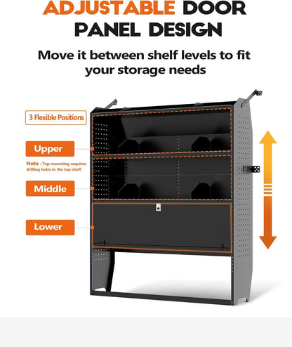 Lockable Van Shelving System, 52" W x 60" H x 13" D, Steel Door | Fit for Ford Transit, RAM ProMaster, Chevy Express, Nissan NV, Sprinter, Mid/High Roof