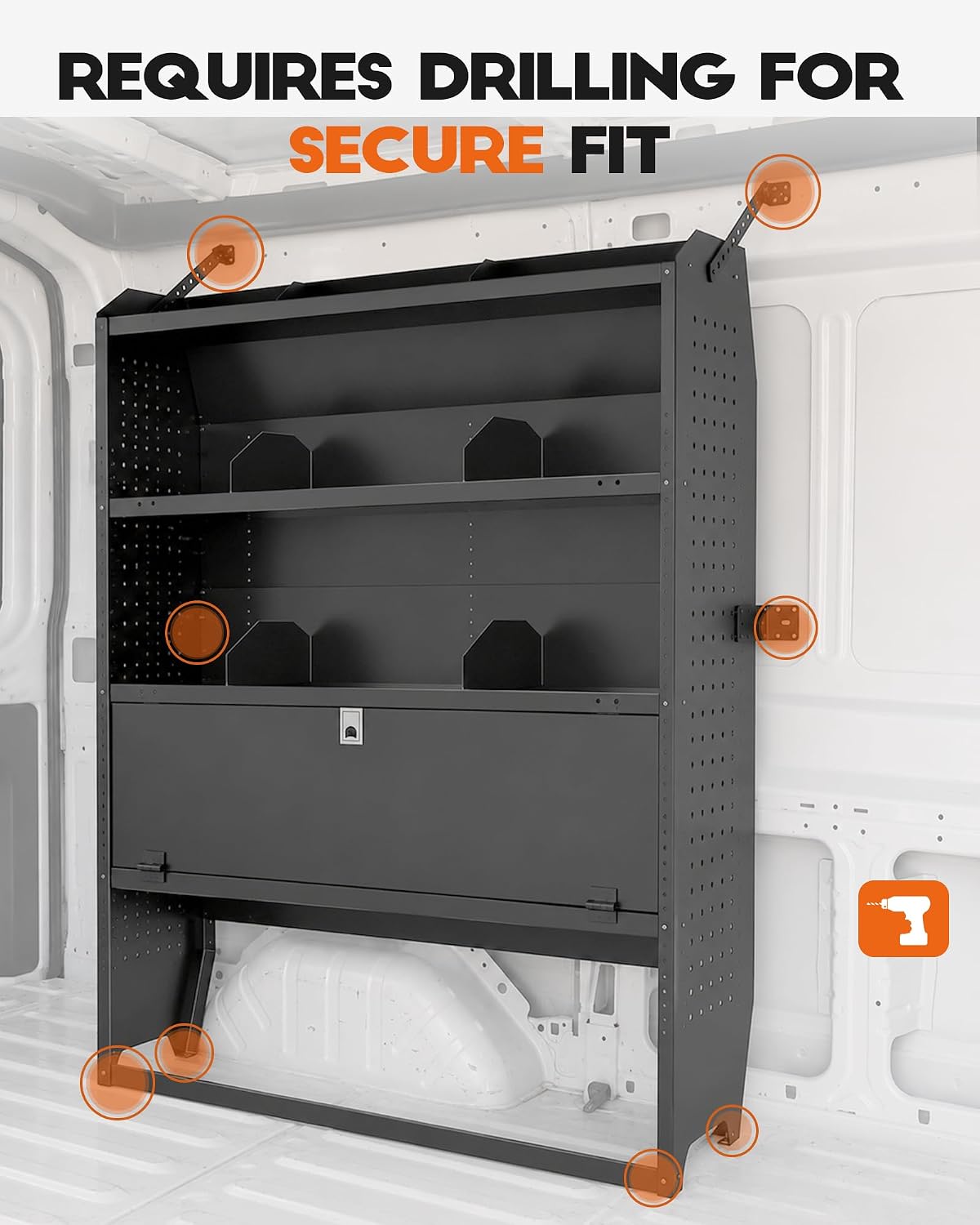 Lockable Van Shelving System, 52" W x 60" H x 13" D, Steel Door | Fit for Ford Transit, RAM ProMaster, Chevy Express, Nissan NV, Sprinter, Mid/High Roof