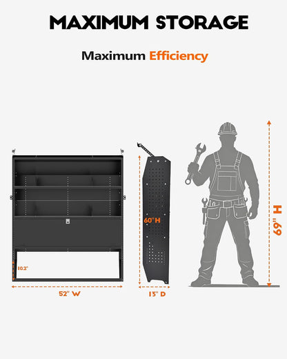 Lockable Van Shelving System, 52" W x 60" H x 13" D, Steel Door | Fit for Ford Transit, RAM ProMaster, Chevy Express, Nissan NV, Sprinter, Mid/High Roof