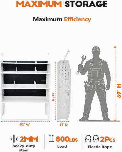 Van Shelving System, Light Gray, 52" W x 60" H x 13" D | Fit for Ford Transit, RAM ProMaster, Chevy Express, Nissan NV, Sprinter, Mid/High Roof, Steel