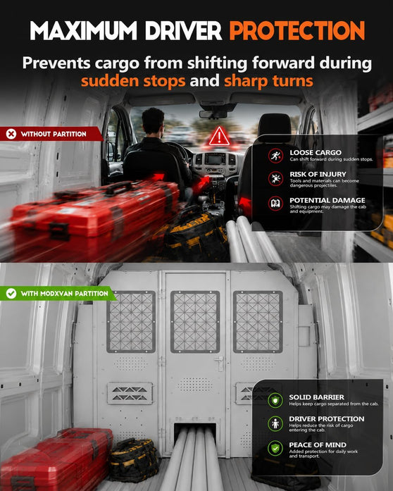 Van Partition Bulkhead Fit for Ford Transit Medium Roof 150 250 350 | Cargo Divider Wall, Driver Safety Barrier, Hinged Locking Door, Clear Acrylic Window, Tool Mounting Areas