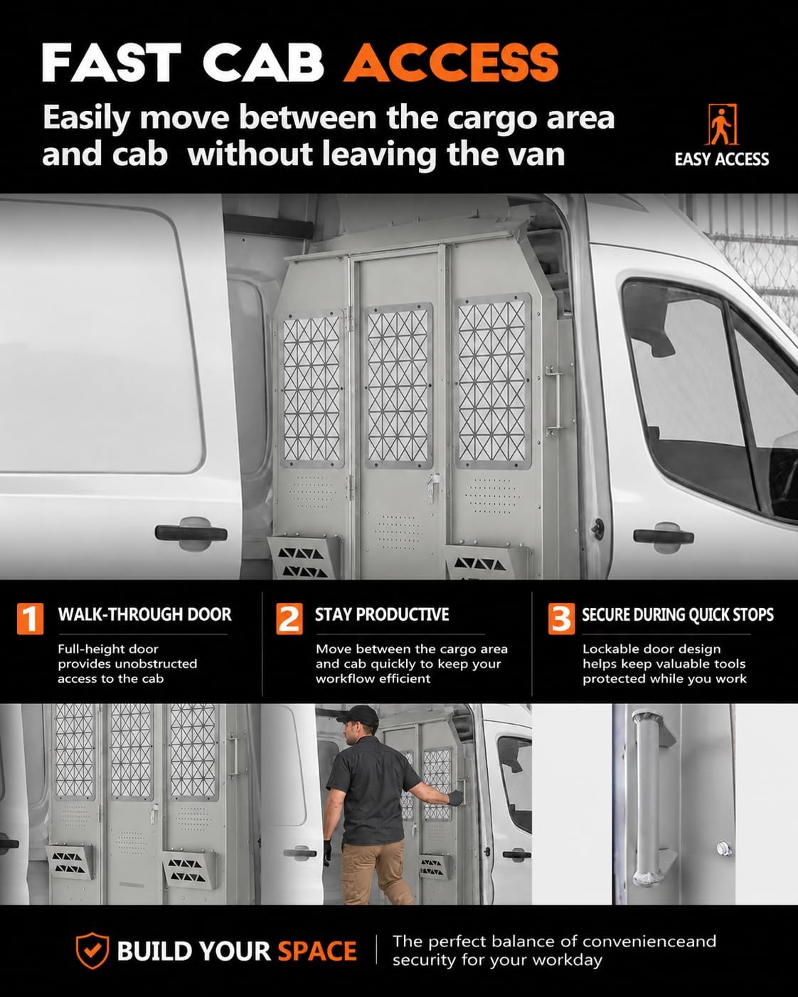 Van Partition Bulkhead Fit for Ford Transit Medium Roof 150 250 350 | Cargo Divider Wall, Driver Safety Barrier, Hinged Locking Door, Clear Acrylic Window, Tool Mounting Areas