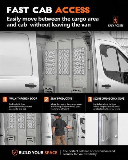 Van Partition Bulkhead Fit for Ford Transit Medium Roof 150 250 350 | Cargo Divider Wall, Driver Safety Barrier, Hinged Locking Door, Clear Acrylic Window, Tool Mounting Areas