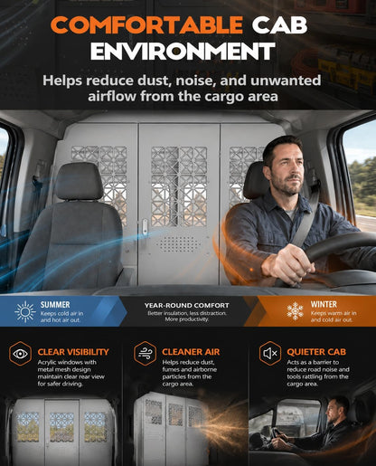 Van Partition Bulkhead Fit for Ford Transit Medium Roof 150 250 350 | Cargo Divider Wall, Driver Safety Barrier, Hinged Locking Door, Clear Acrylic Window, Tool Mounting Areas