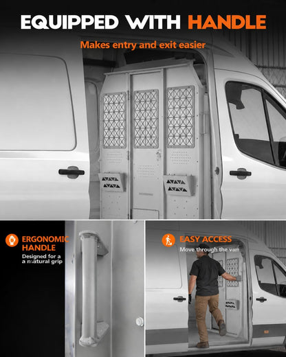 Van Partition Bulkhead Fit for Ford Transit Medium Roof 150 250 350 | Cargo Divider Wall, Driver Safety Barrier, Hinged Locking Door, Clear Acrylic Window, Tool Mounting Areas