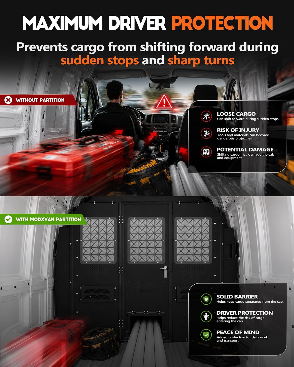 Van Partition Bulkhead for Ford Transit 150 250 350, Medium Roof | Cargo Van Partition with Door & Acrylic Window, Steel, Black