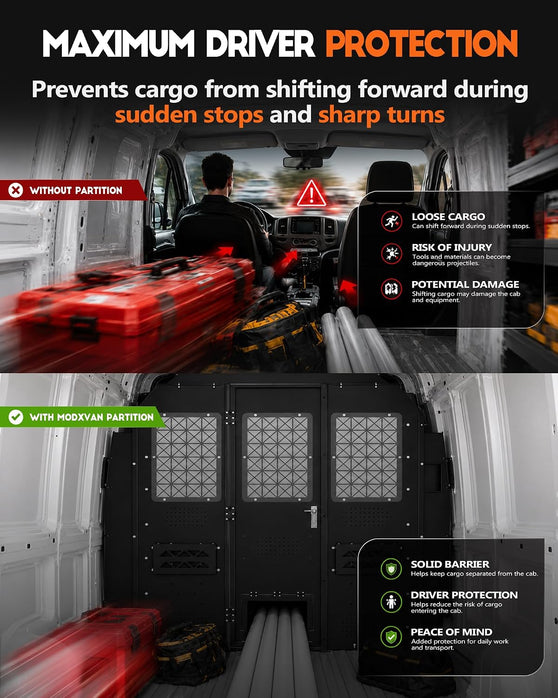 Van Partition Bulkhead for Ford Transit 150 250 350, Medium Roof | Cargo Van Partition with Door & Acrylic Window, Steel, Black