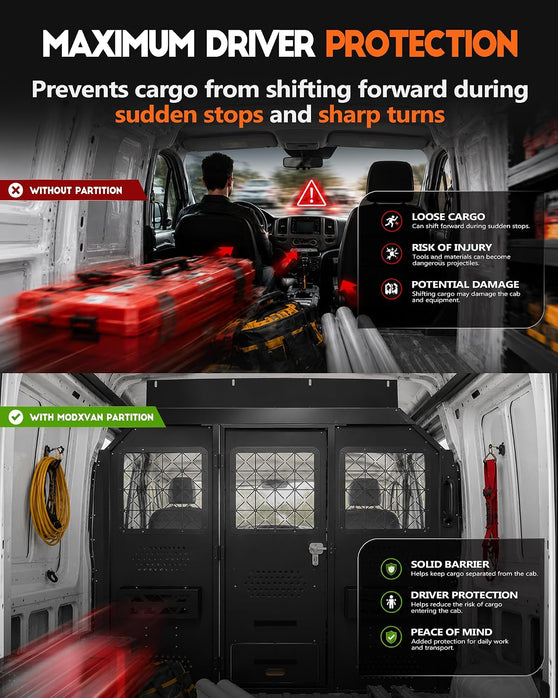Van Partition Bulkhead Fit for Ford Transit 150 250 350 High Roof | 2014-2026, Security Lock Door & Acrylic Window, Steel, Black