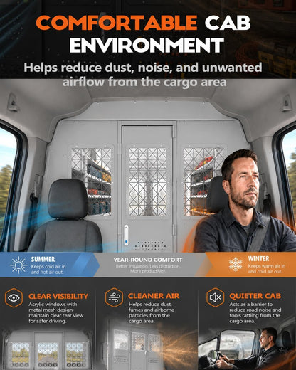 Van Partition Bulkhead Fit for Ford Transit High Roof 150 250 350 | Heavy-Duty Cargo Barrier, Hinged Access Door, Clear Acrylic Window, Accessory Mounting Points, Mobile Workshop Organization