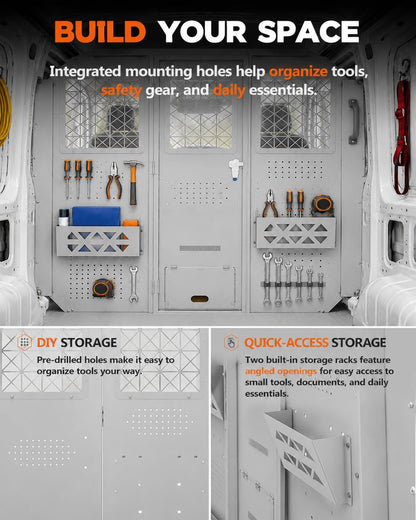 Van Partition Bulkhead Fit for Ford Transit High Roof 150 250 350 | Heavy-Duty Cargo Barrier, Hinged Access Door, Clear Acrylic Window, Accessory Mounting Points, Mobile Workshop Organization