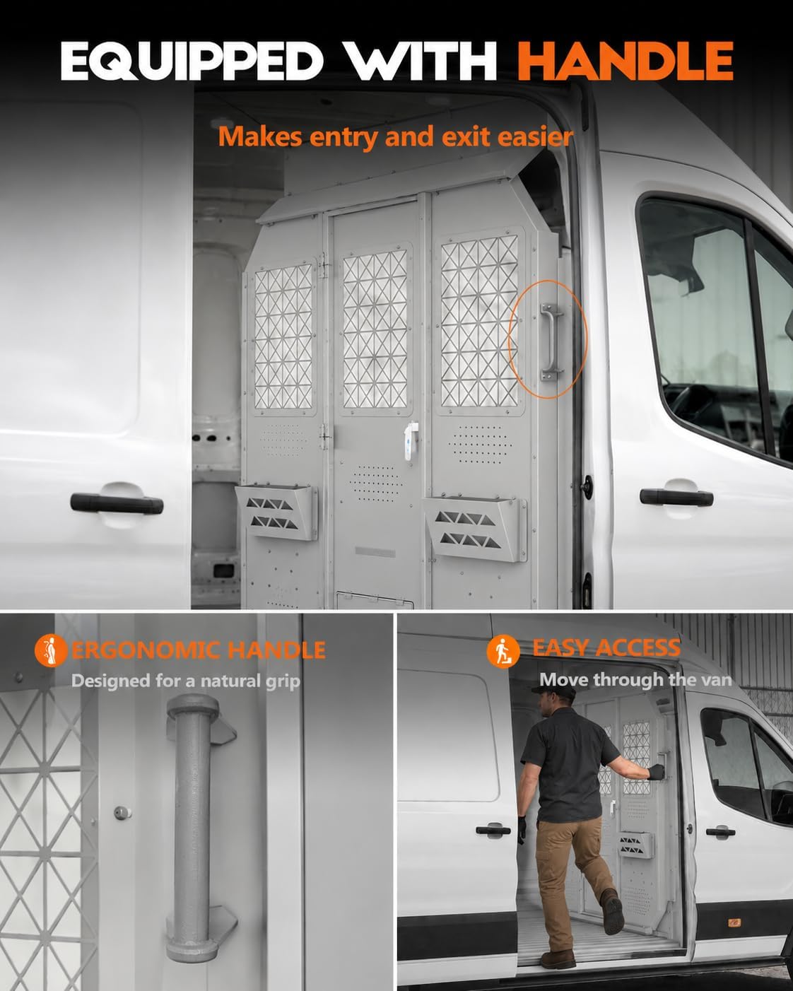 Van Partition Bulkhead Fit for Ford Transit High Roof 150 250 350 | Heavy-Duty Cargo Barrier, Hinged Access Door, Clear Acrylic Window, Accessory Mounting Points, Mobile Workshop Organization