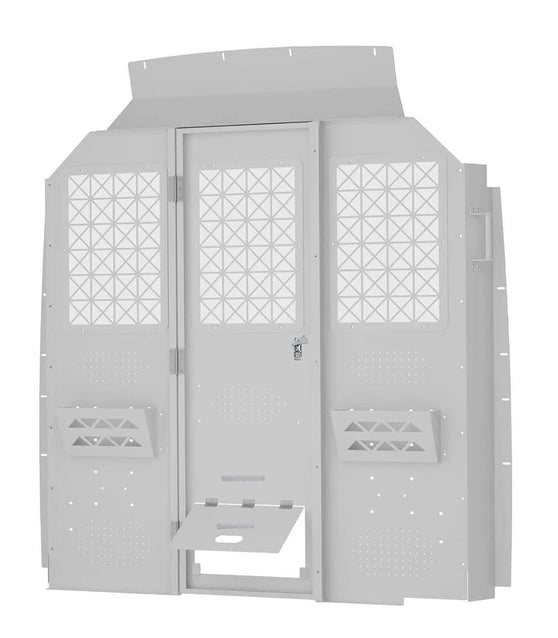 Van Partition Bulkhead Fit for Ford Transit High Roof 150 250 350 | Heavy-Duty Cargo Barrier, Hinged Access Door, Clear Acrylic Window, Accessory Mounting Points, Mobile Workshop Organization