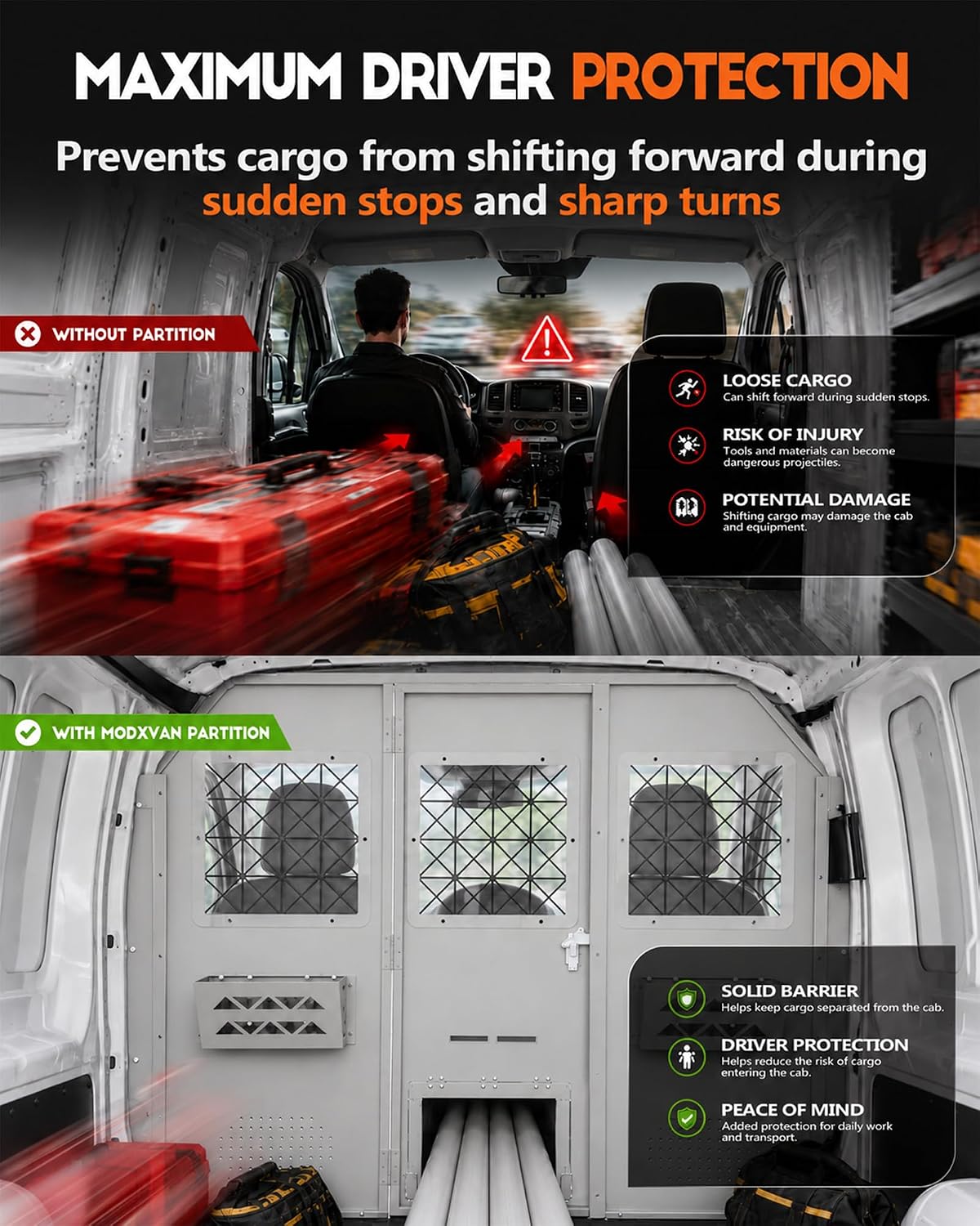 Van Partition Bulkhead Fit for Ford Transit Low Roof 150 250 350 | Cargo Safety Barrier, Hinged Locking Door, Long Item Access Hatch, Clear Acrylic Window, Accessory Mounting Points