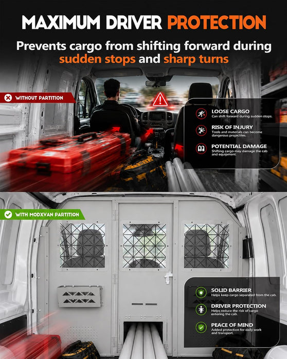 Van Partition Bulkhead Fit for Ford Transit Low Roof 150 250 350 | Cargo Safety Barrier, Hinged Locking Door, Long Item Access Hatch, Clear Acrylic Window, Accessory Mounting Points