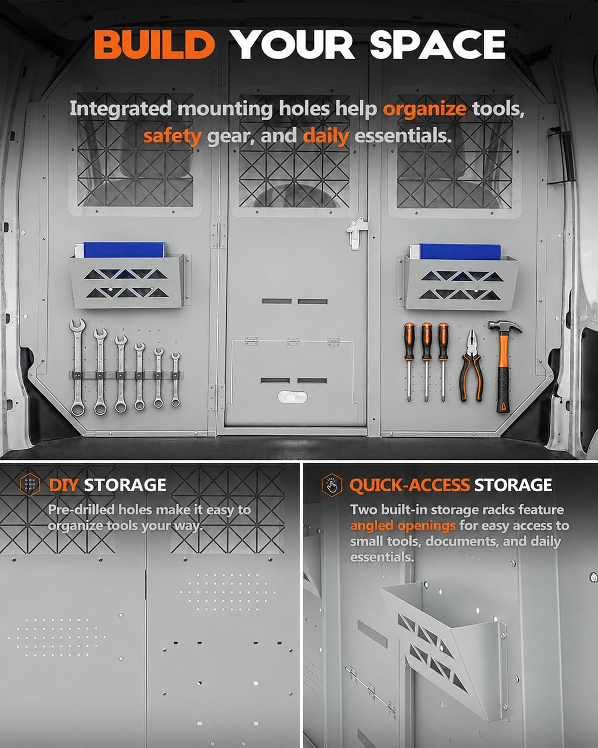 Van Partition Bulkhead Fit for Ford Transit Low Roof 150 250 350 | Cargo Safety Barrier, Hinged Locking Door, Long Item Access Hatch, Clear Acrylic Window, Accessory Mounting Points