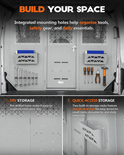 Van Partition Bulkhead Fit for Ford Transit Low Roof 150 250 350 | Cargo Safety Barrier, Hinged Locking Door, Long Item Access Hatch, Clear Acrylic Window, Accessory Mounting Points