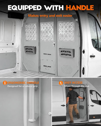 Van Partition Bulkhead Fit for Ford Transit Low Roof 150 250 350 | Cargo Safety Barrier, Hinged Locking Door, Long Item Access Hatch, Clear Acrylic Window, Accessory Mounting Points