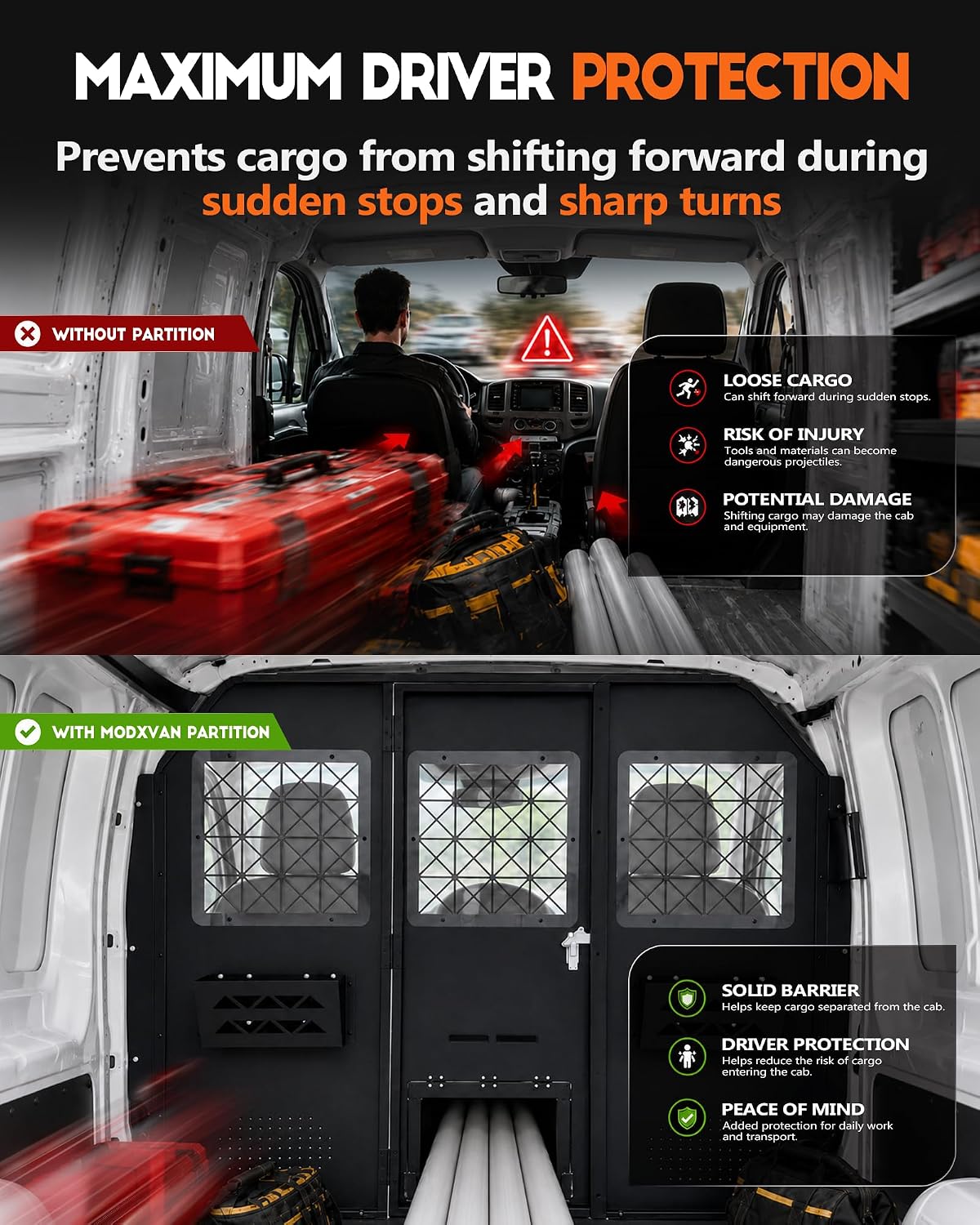 Van Partition Bulkhead for Ford Transit 150 250 350, Low Roof | Security Lock Door, Acrylic Window, Steel, Black
