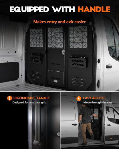 Van Partition Bulkhead for Ford Transit 150 250 350, Low Roof | Security Lock Door, Acrylic Window, Steel, Black