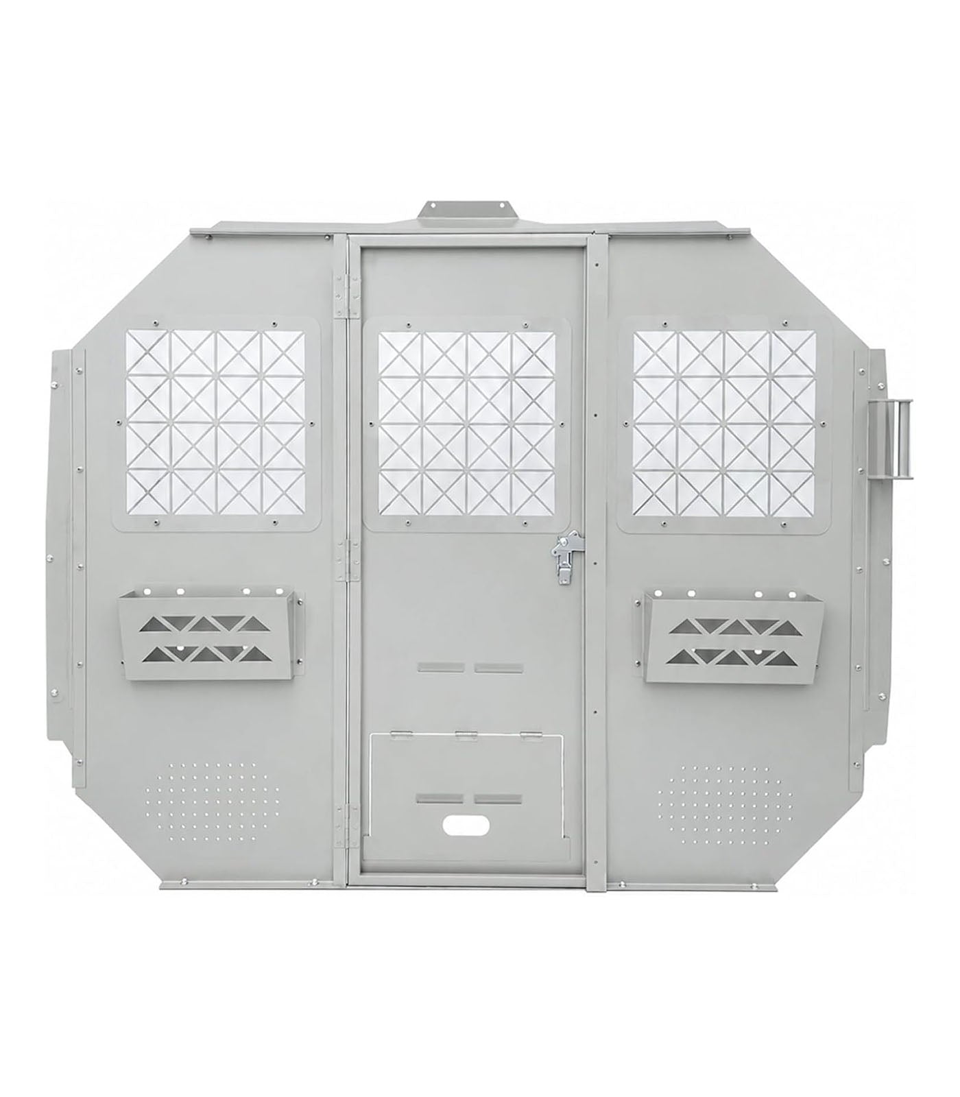 Van Partition Bulkhead Fit for Ford Transit Low Roof 150 250 350 | Cargo Safety Barrier, Hinged Locking Door, Long Item Access Hatch, Clear Acrylic Window, Accessory Mounting Points