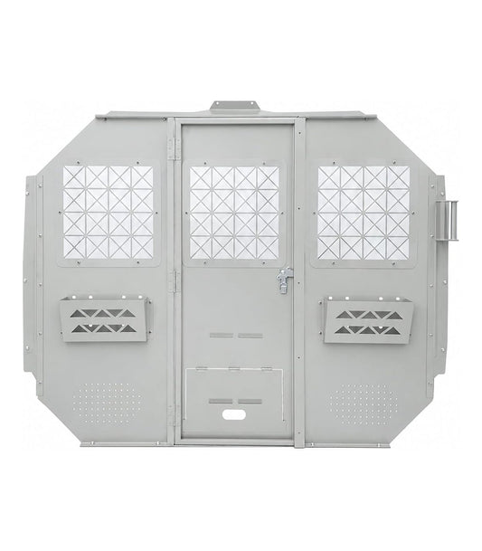 Van Partition Bulkhead Fit for Ford Transit Low Roof 150 250 350 | Cargo Safety Barrier, Hinged Locking Door, Long Item Access Hatch, Clear Acrylic Window, Accessory Mounting Points